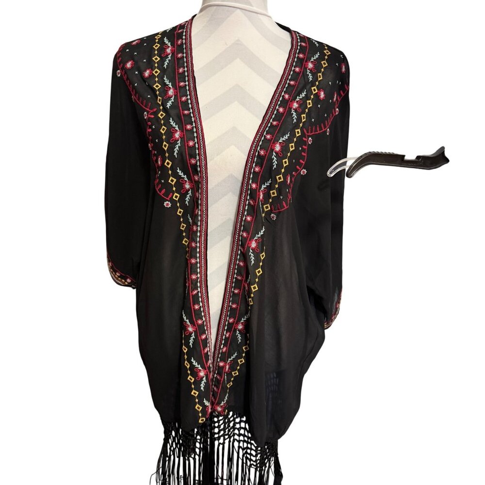 UMGEE Sheer Black Fringe Wrap Cardigan